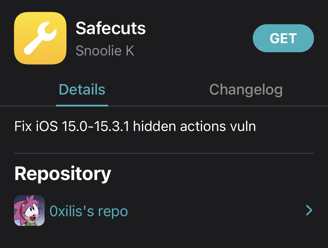 تصوير Safecuts كما هو موضح في تطبيق Sileo package manager.