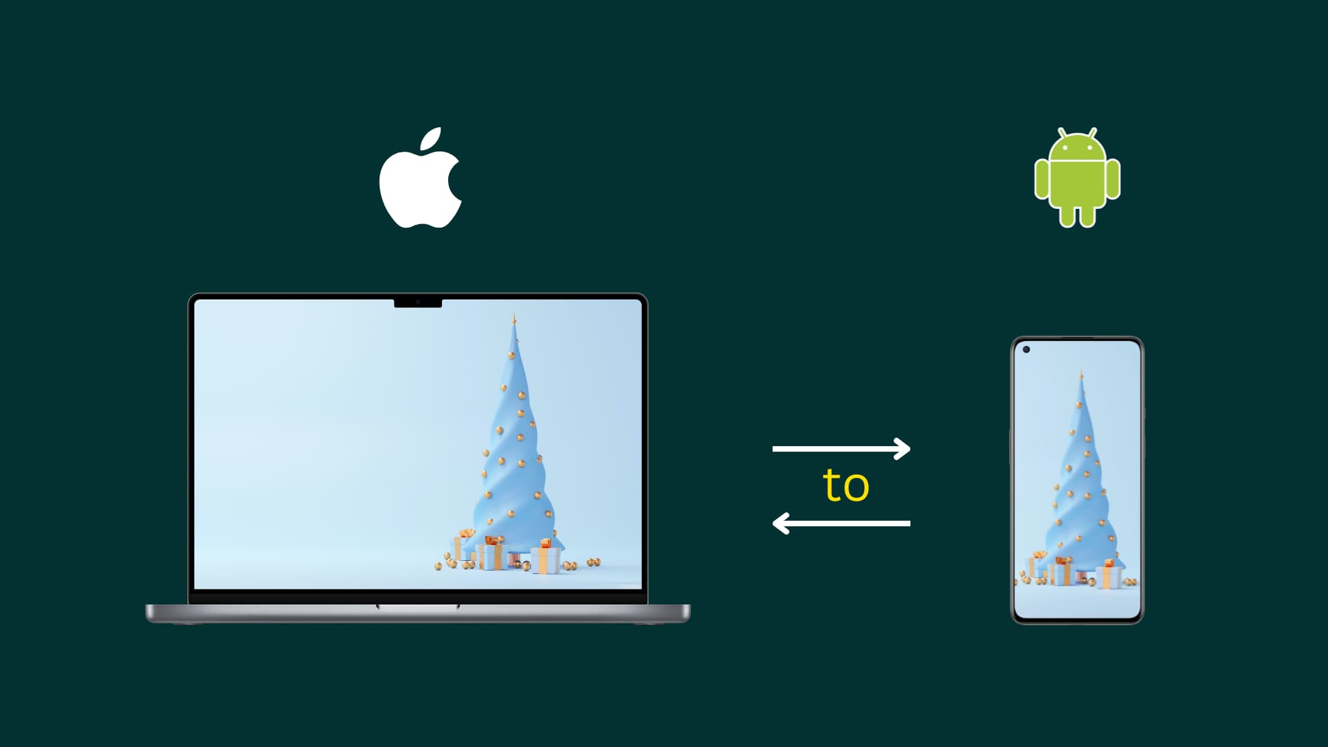 تكوين صورة يوضح نقل الملفات من MacBook إلى هاتف Android وهاتف Android إلى Mac