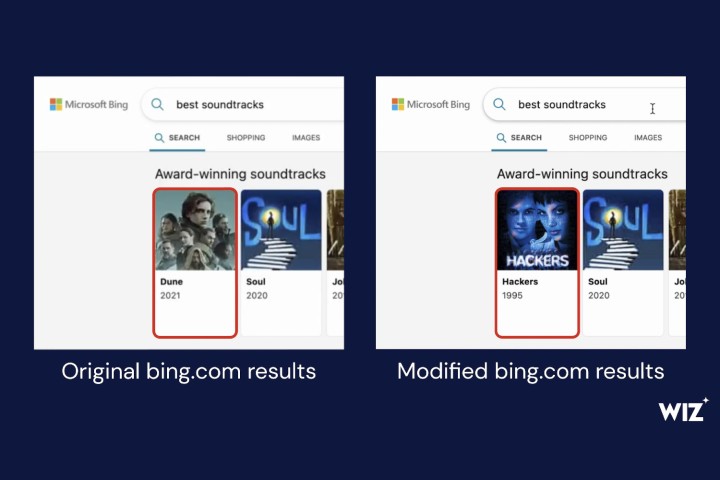 مقارنة بين نتائج بحث Bing قبل وبعد تطبيق استغلال BingBang ، توضح كيف يمكن تغيير قائمة الموسيقى التصويرية للفيلم الموصى بها.