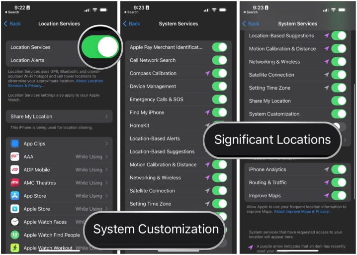 تعرض إعدادات iOS 16 خدمات الموقع وتخصيص النظام وإعدادات الموقع الهامة لشحن الطاقة النظيفة