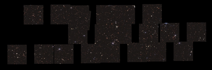 مشهد بانورامي ، يُعرف باسم مسح التطور الكوني لعلوم الإصدار المبكر (CEERS). 