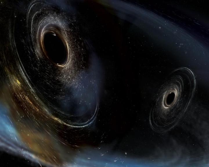 يُظهر تصور الفنان وجود ثقبين أسودين مدمجين مشابهين لتلك التي اكتشفها LIGO. 